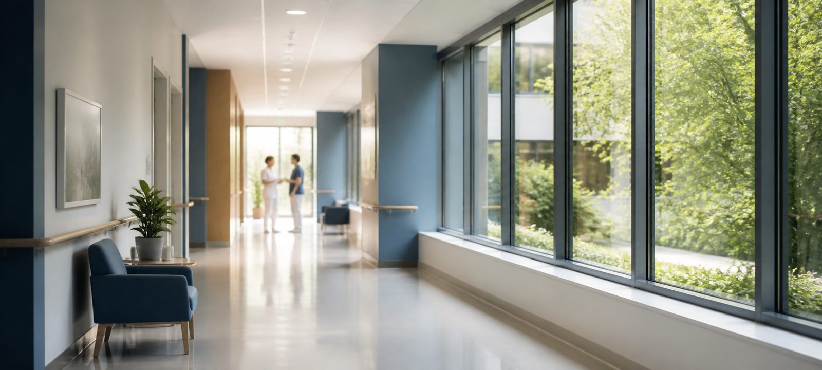 Couloir lumineux d’un établissement médico-social, deux professionnels échangeant au loin