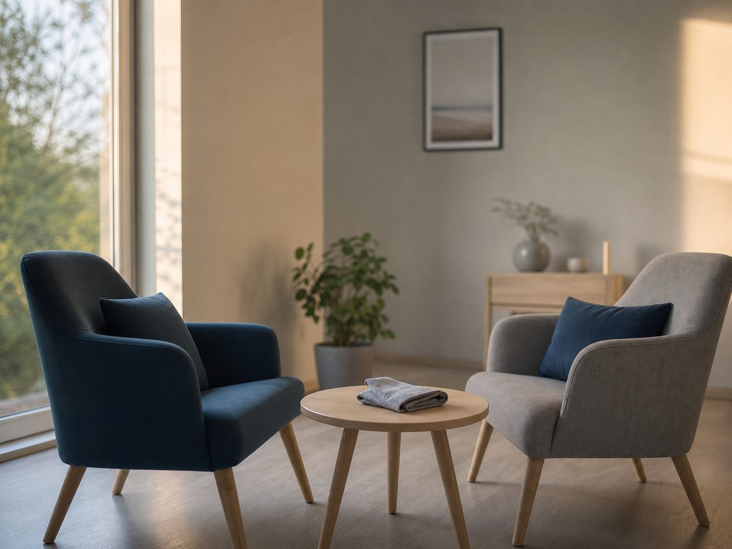 Deux fauteuils face à face près d’une fenêtre, espace d’écoute confidentiel