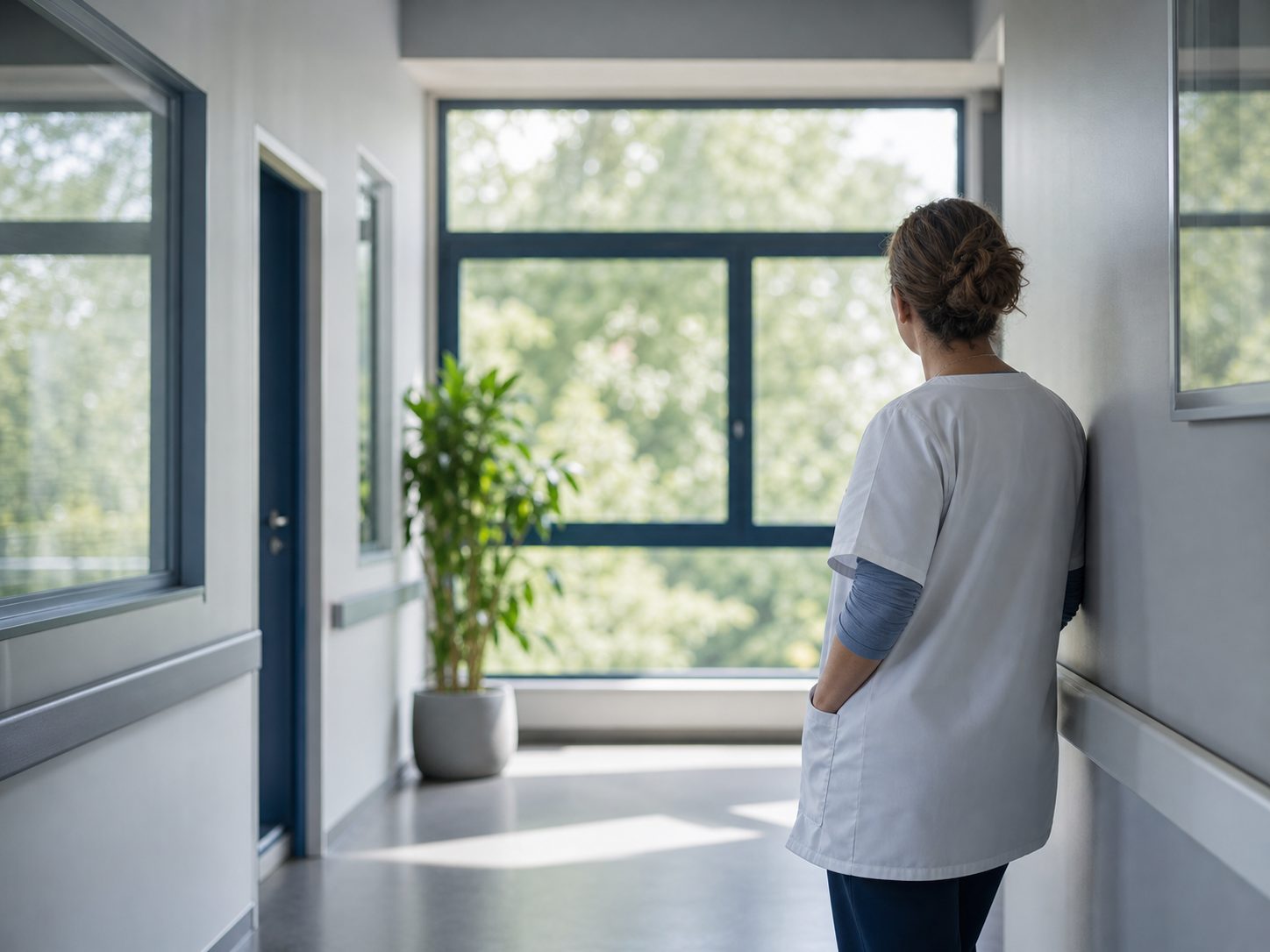 Professionnelle du secteur médico-social marquant une pause près d’une fenêtre