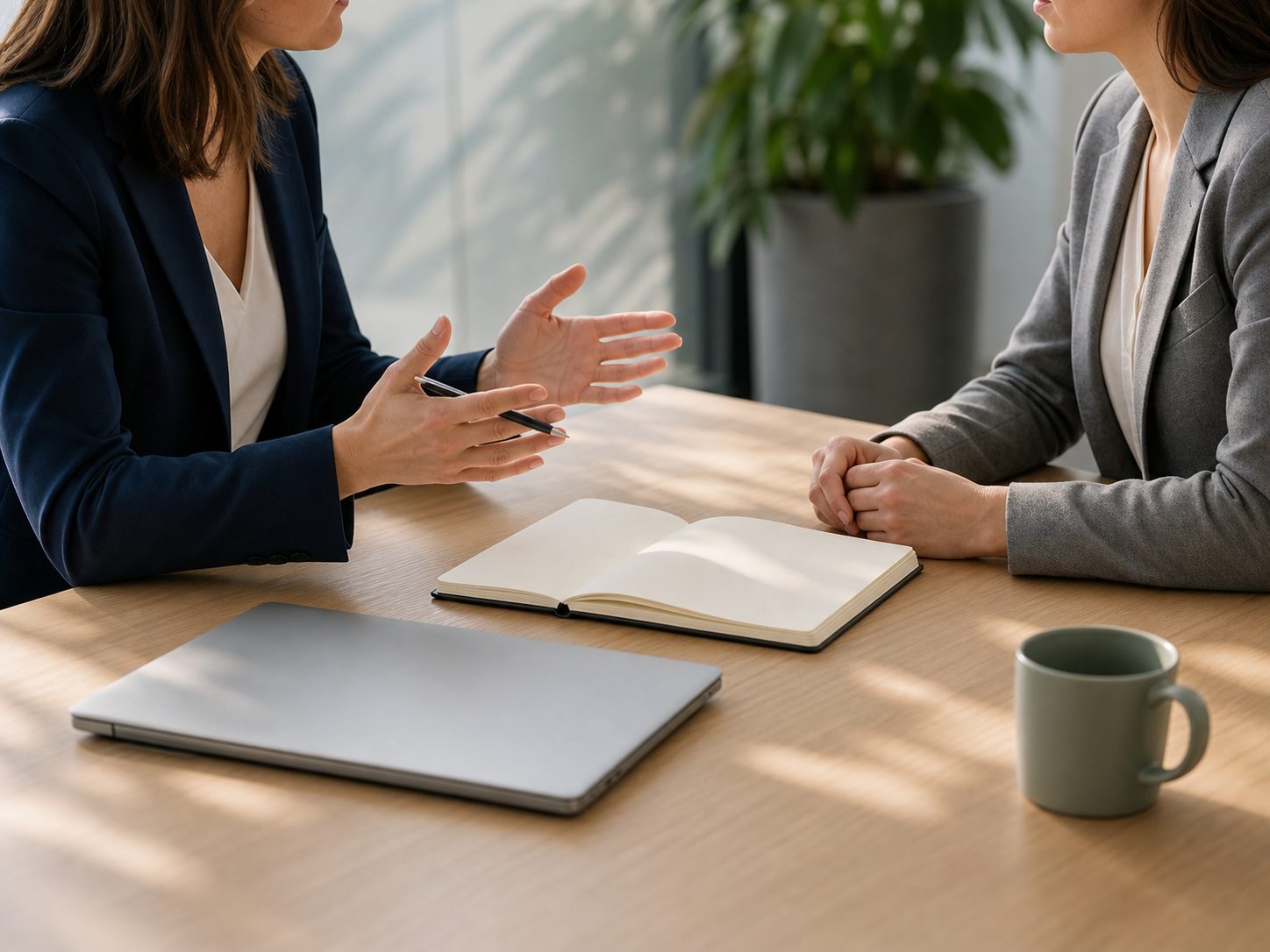 Deux personnes en réunion de travail autour d’une table, échange posé et professionnel