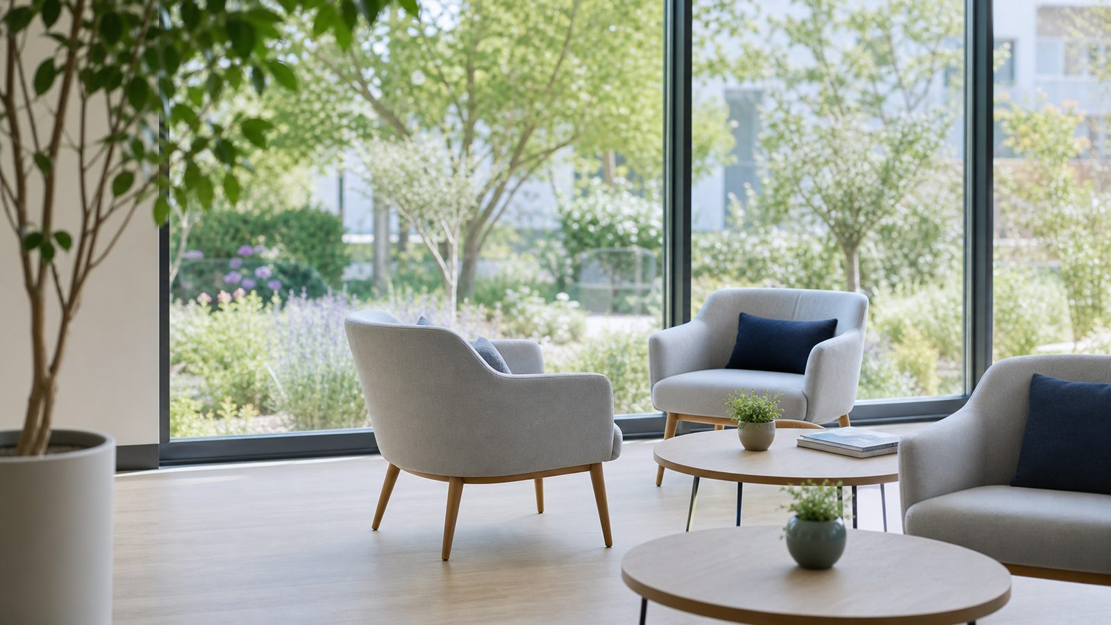 Espace commun d’un établissement médico-social ouvert sur un jardin