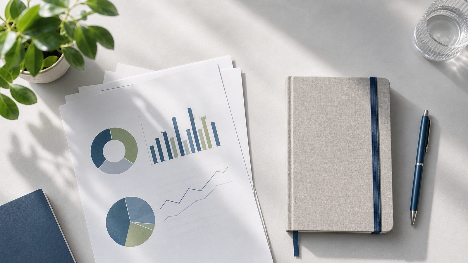 Carnet et graphiques imprimés sur un bureau clair, vus du dessus