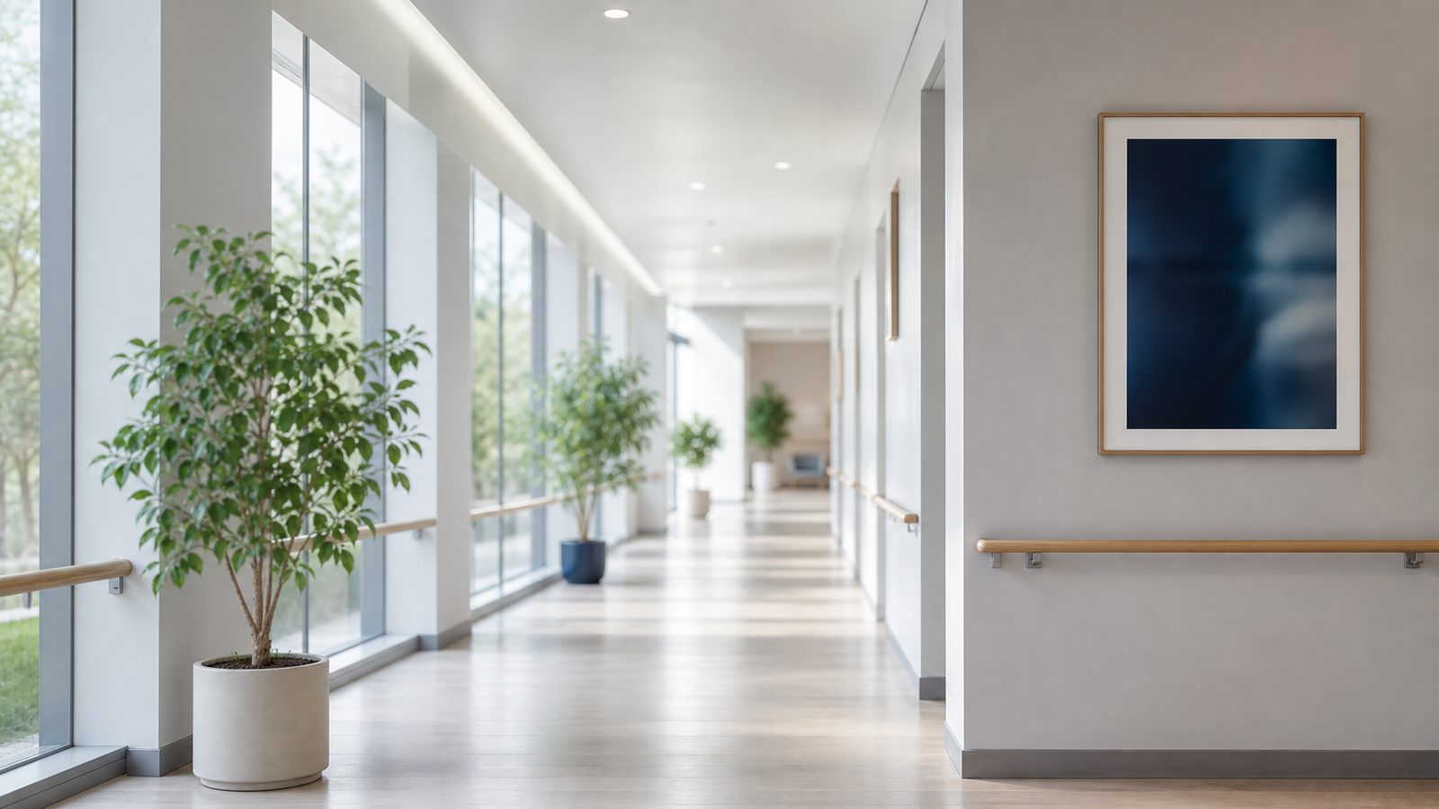 Couloir lumineux d’un établissement médico-social bordé de plantes vertes